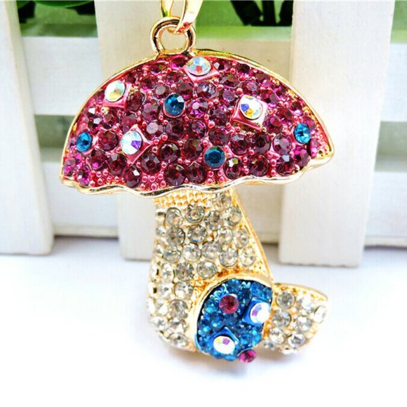 Cute Pink, Aqua & Clear Crystal Mushroom Necklace - Picture 2 of 2